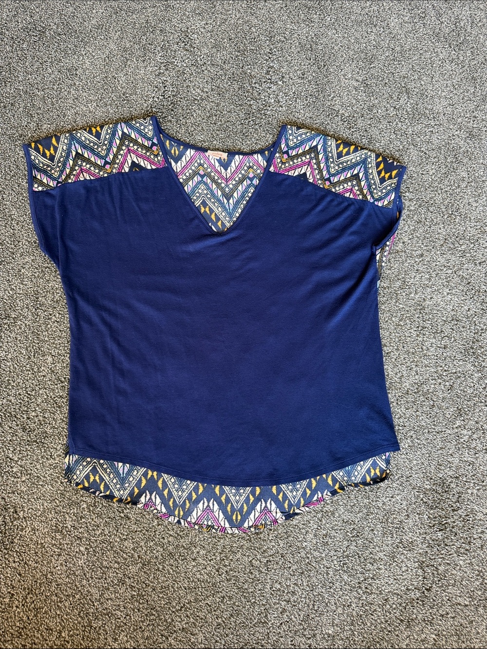 Pixley Navy V-Neck Tunic with Multicolor Aztec Trim